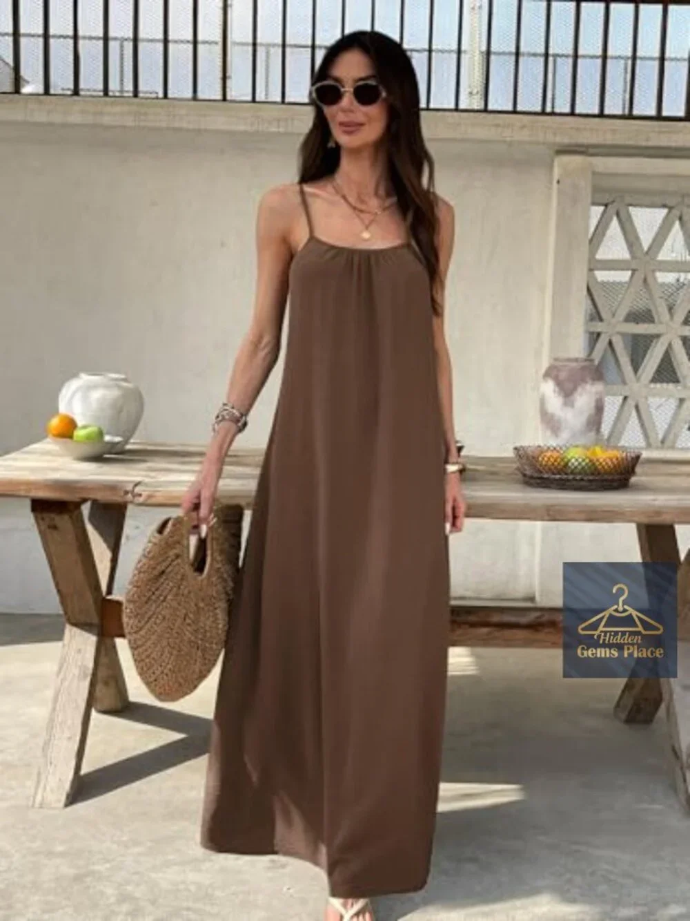 Backless Cami Maxi Sundress - Casual Lounge Dress with Drawstring